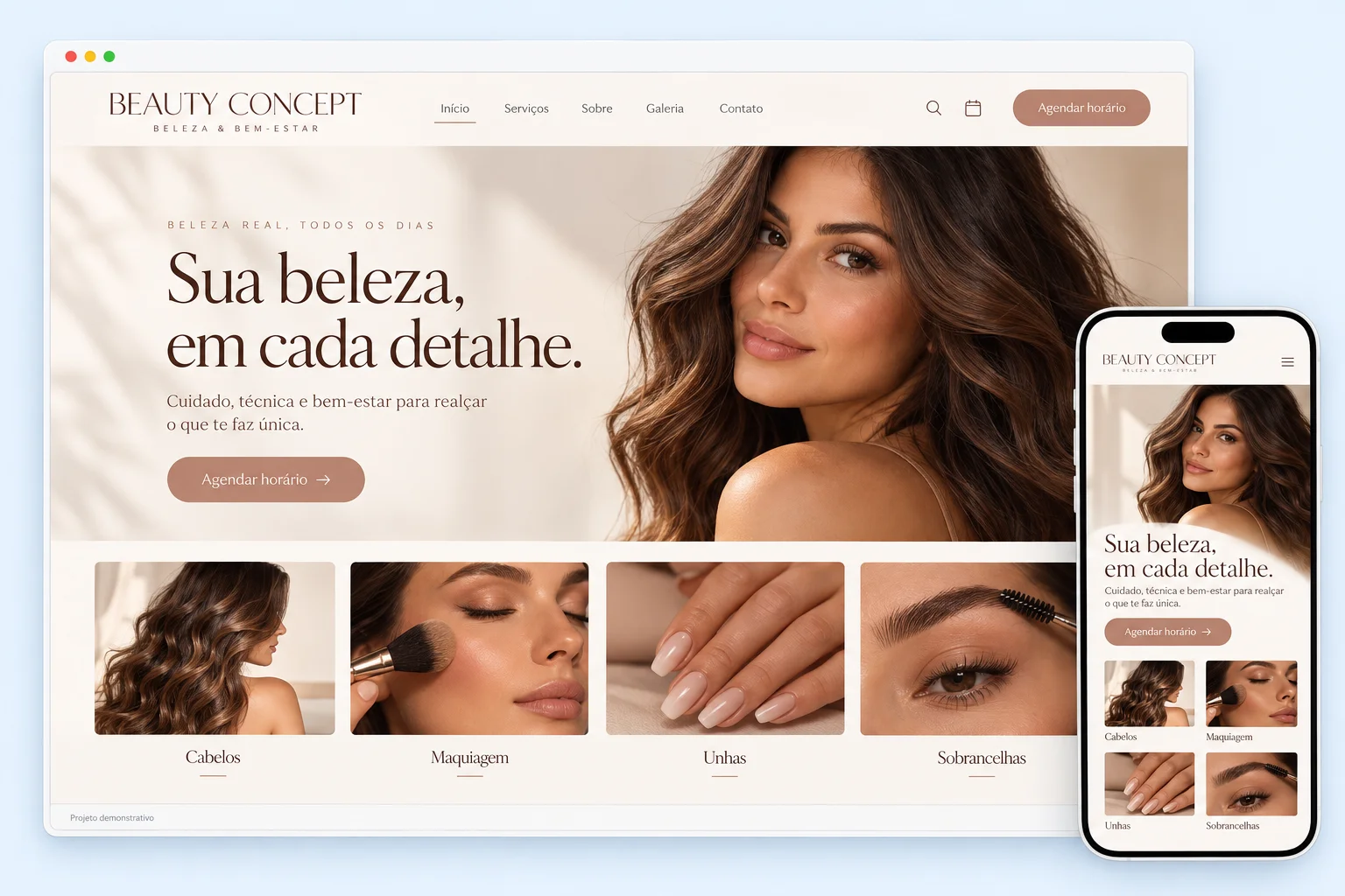 Exemplo de site profissional de salão de beleza no computador e no celular