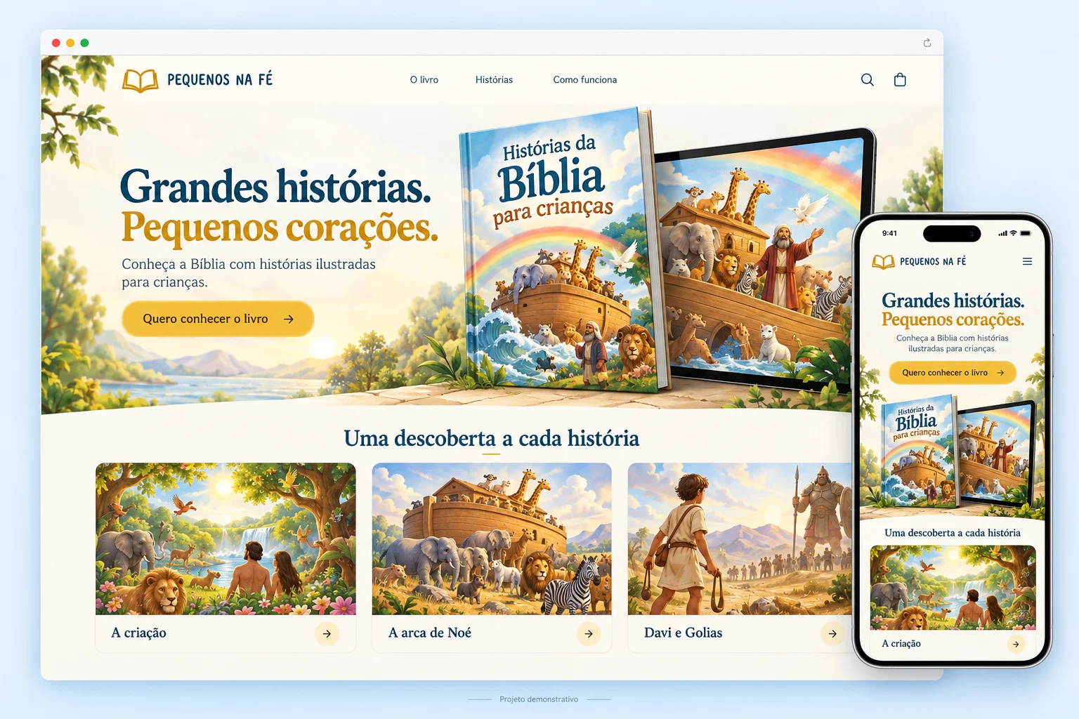 Exemplo de página de vendas de livro de histórias bíblicas infantis no computador e no celular
