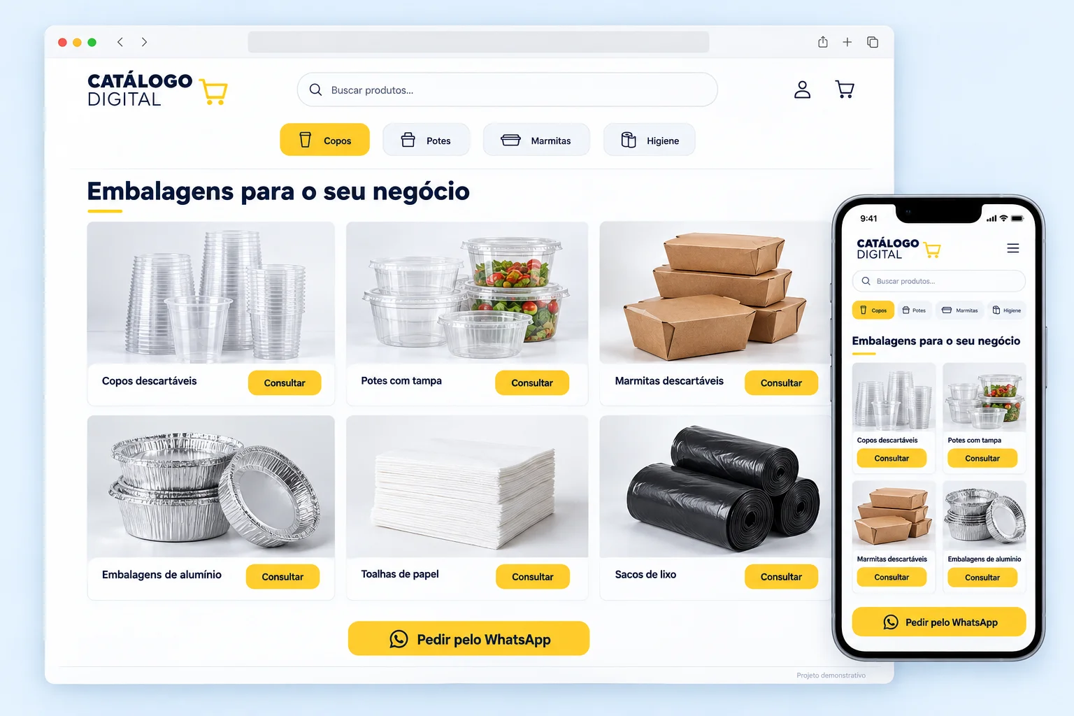 Exemplo de catálogo digital de embalagens no computador e no celular